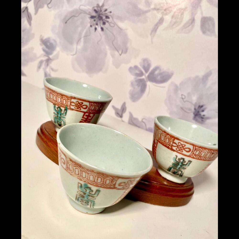 Set of 3 Chinese Vintage Sake Tea Cup Red Longevity Symbol Small Porcelain Cups